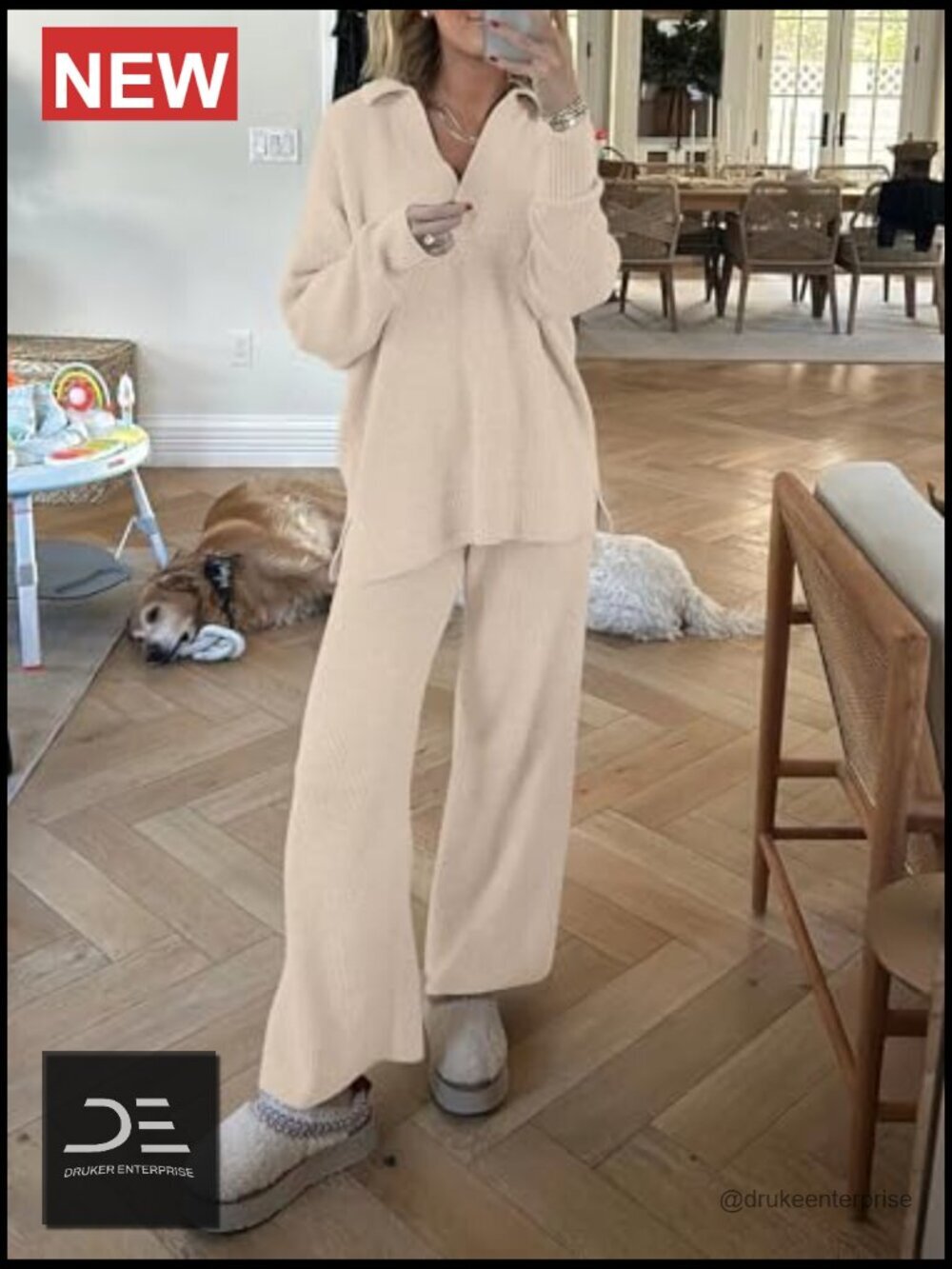 Waffle Knit Two Piece Lounge Set - Pullover & Wide Leg Pants - Picture 5 of 7